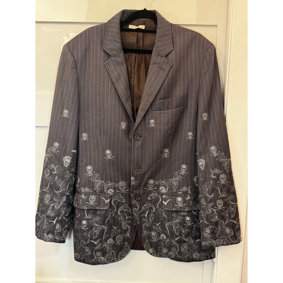 Marc Ecko Cut & Sew Skull Embroidered Pinstripe Blazer XL Gothic Y2K